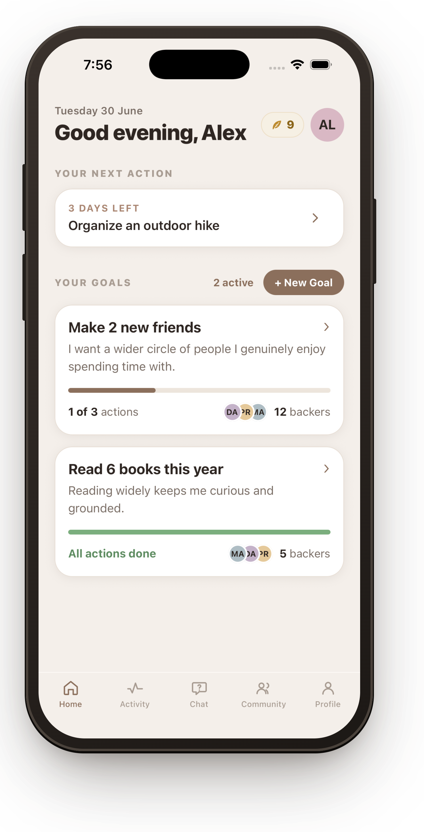 esteem Home screen — your goals and next action