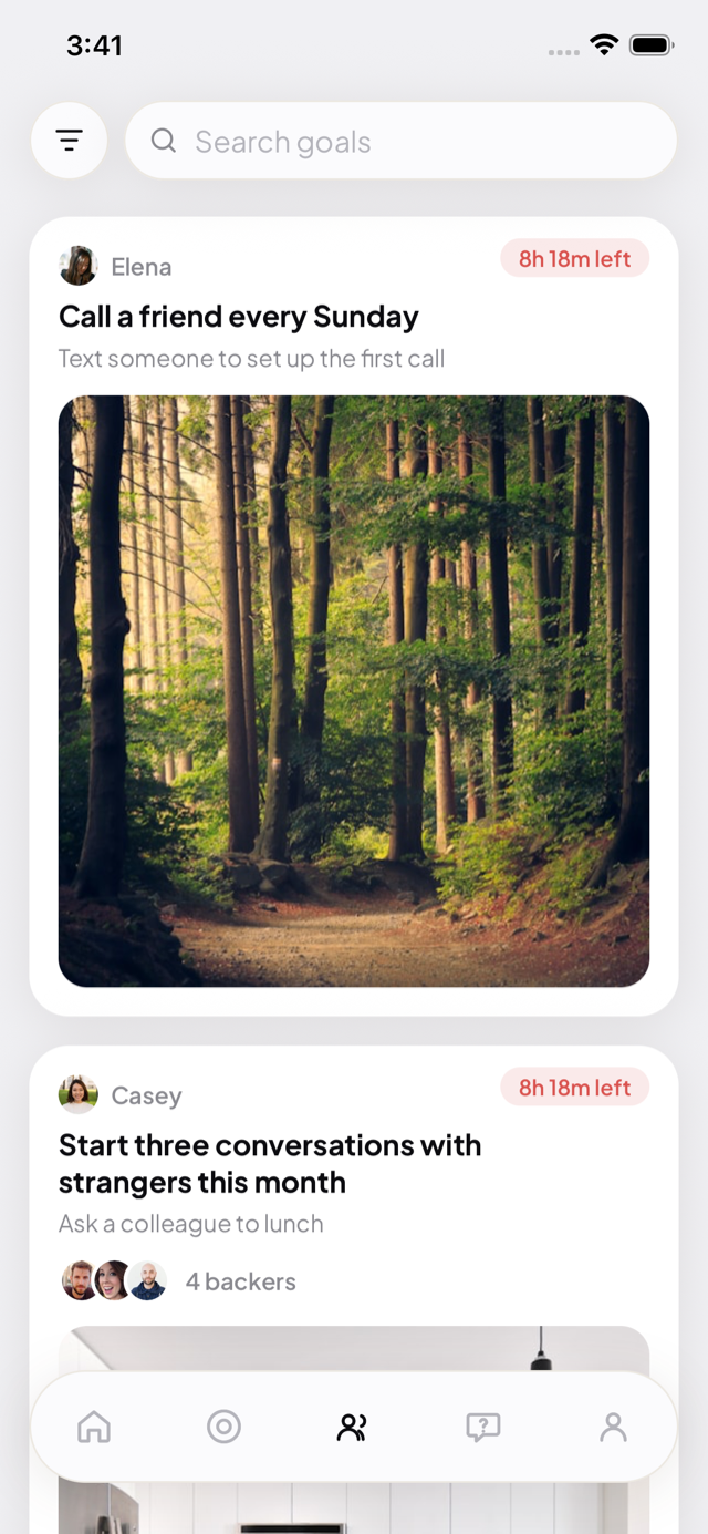 Plumee community feed — real people chasing similar goals, each with backers and progress