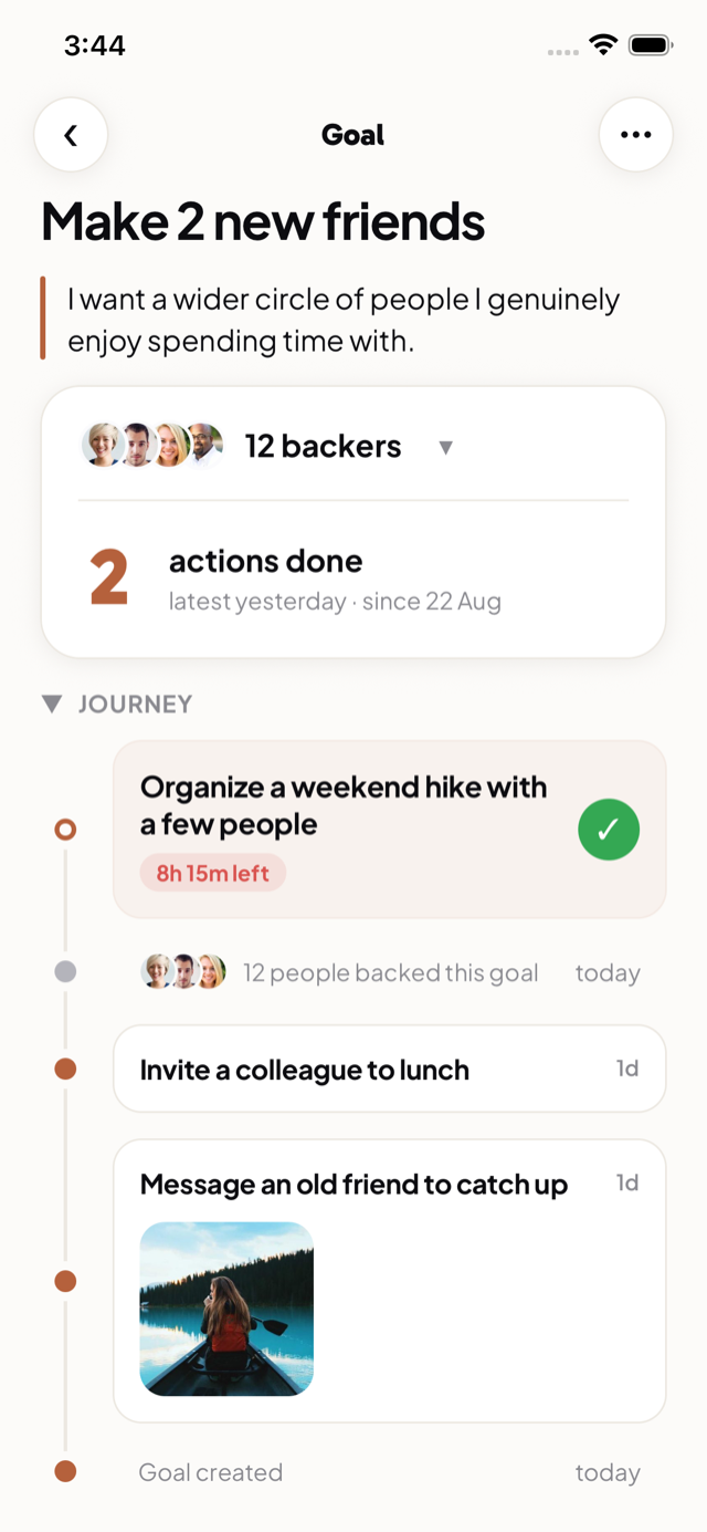 Plumee goal journey — completed actions on a timeline with photos, backer milestones, and progress since you started