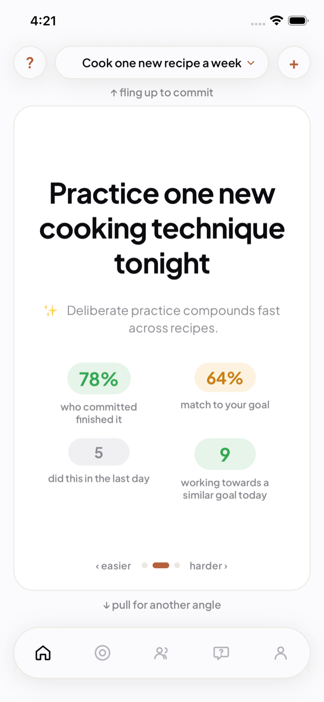 Plumee home — today's one action, why it fits your goal, and a slider to make it easier or harder